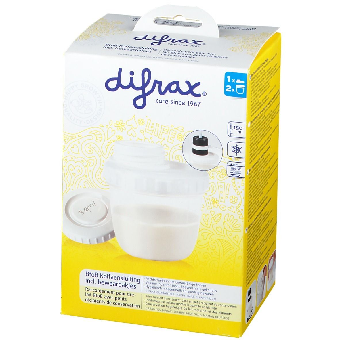 Emballage difrax® pour raccord de tire-lait avec récipients. Boîte jaune avec image du produit et texte. Contient récipient et couvercle.