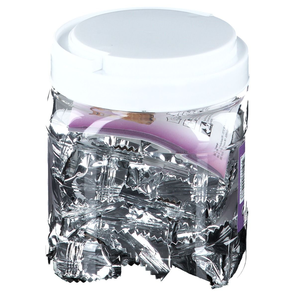 Glazen pot met tabletten. Witte deksel. Zilverfolie. Gedeeltelijk geopend.