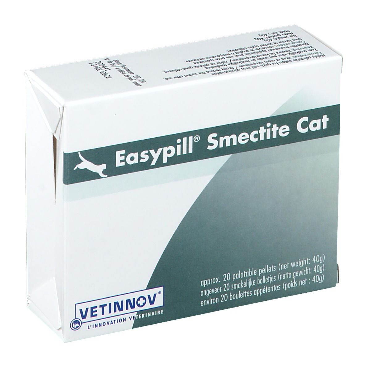 Witte doos EasyPill Smectite Cat. Logo kat. Tekst: 20 smakelijke pellets, 40g. VETINNOV logo.
