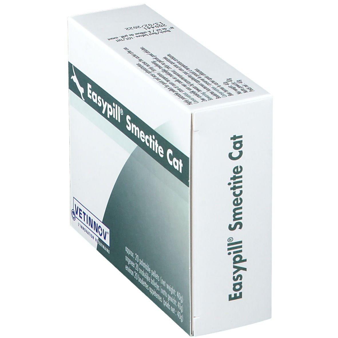 Doos EasyPill Smectite Cat, wit. Logo kat. Tekst: 20 pellets, 40g. VETINNOV logo. Schuine weergave.