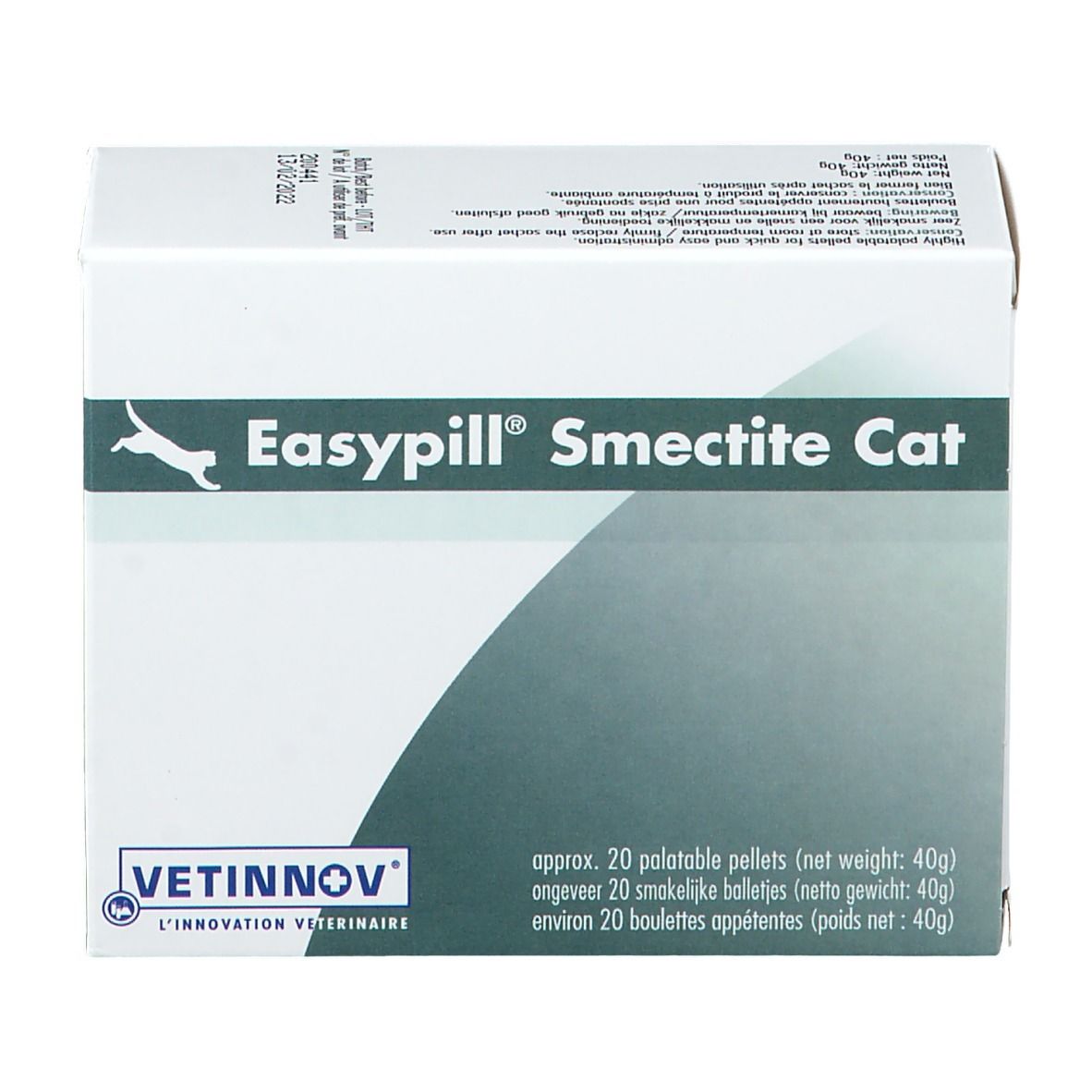 Witte doos EasyPill Smectite Cat. Logo kat. Tekst: 20 pellets, 40g. VETINNOV logo.