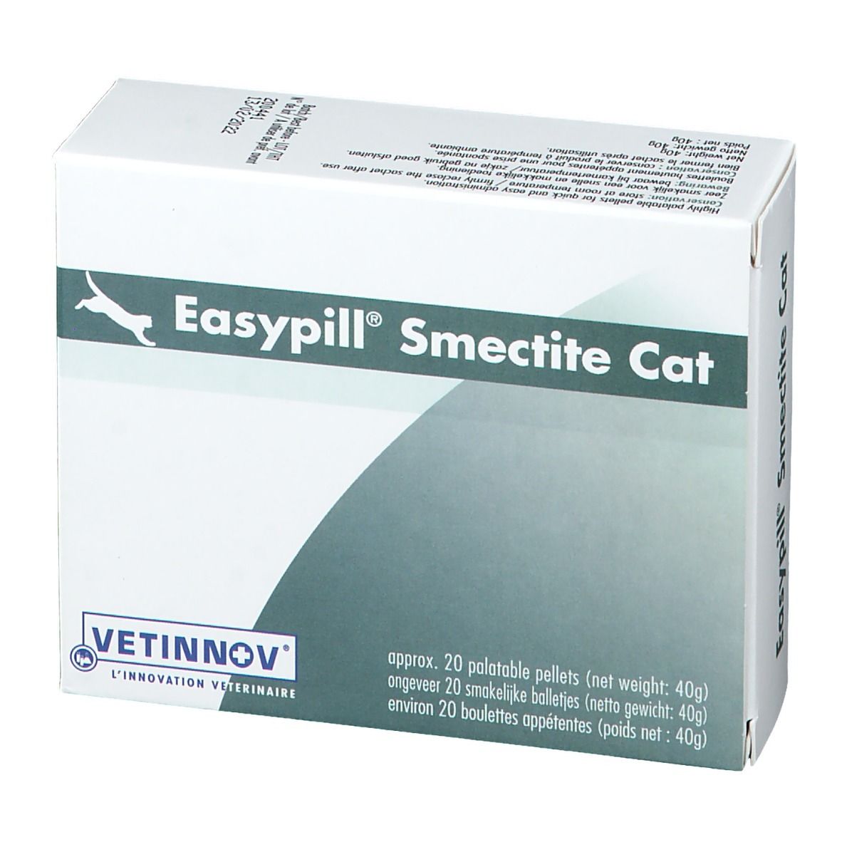 Witte doos EasyPill Smectite Cat. Logo kat. Tekst: 20 pellets, 40g. VETINNOV logo.