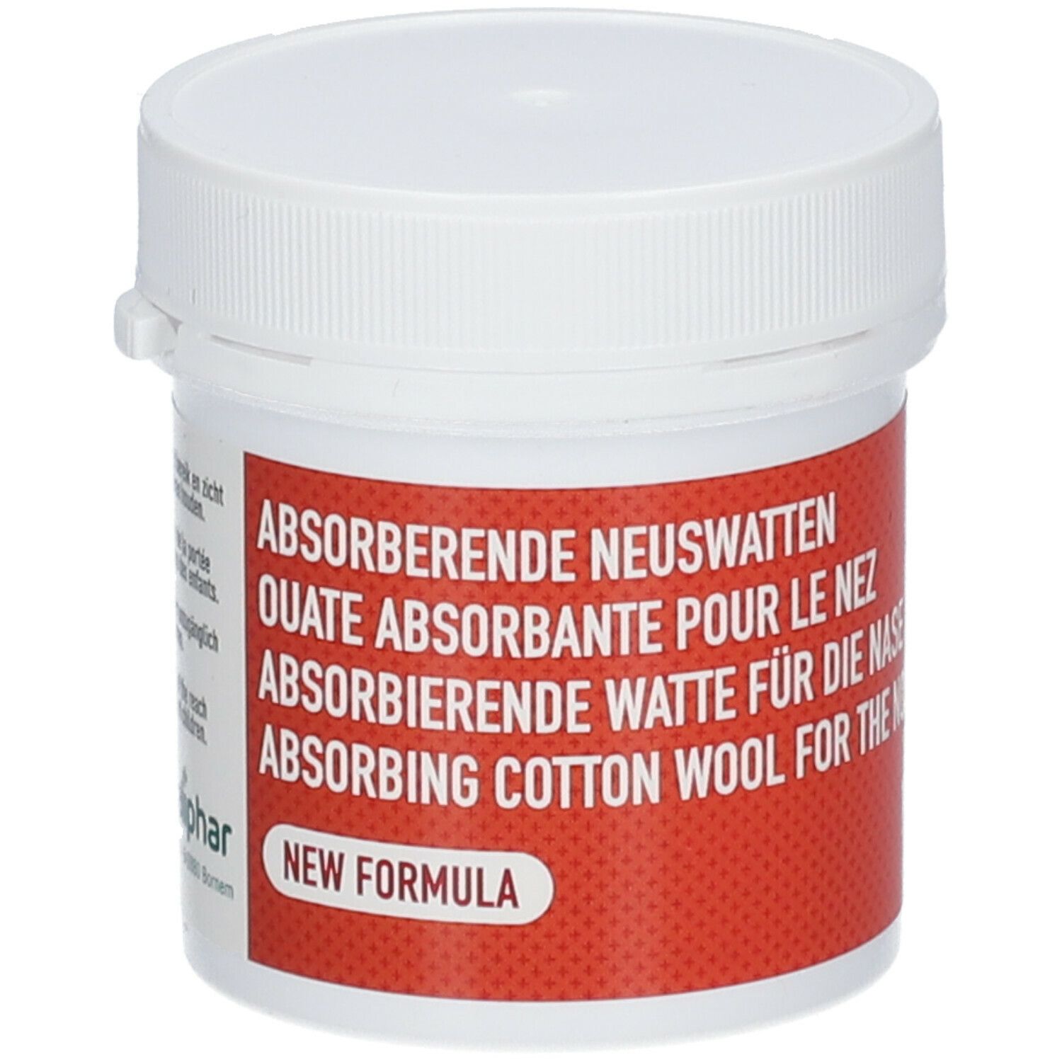 Witte pot met rood etiket. Tekst: Absorberende Neuswatten, Quate Absorbante pour le nez, Absorbing Cotton Wool for the Nose. "New Formula".