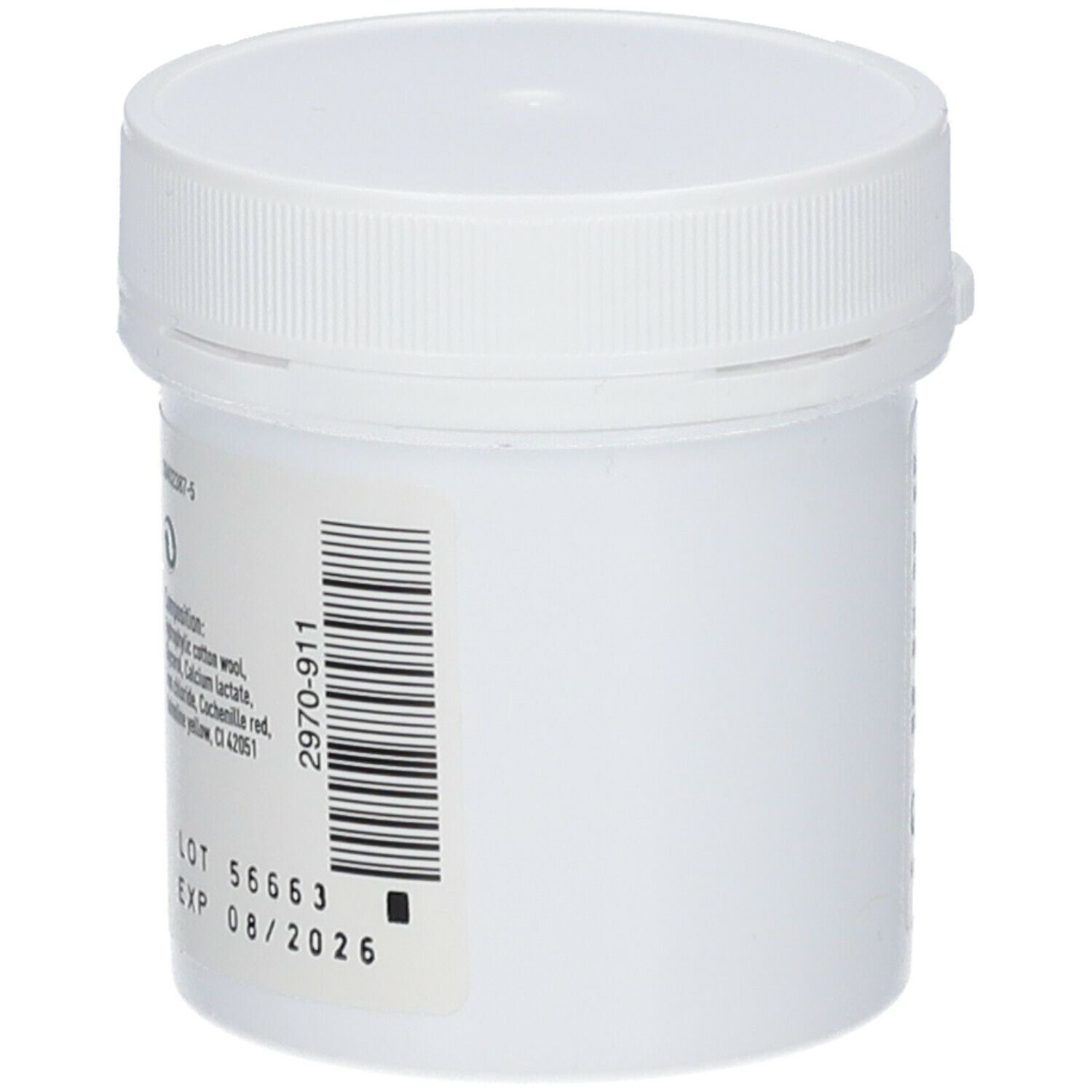 Witte pot met barcode en tekst. Tekst: LOT 56663, EXP 08/2026.