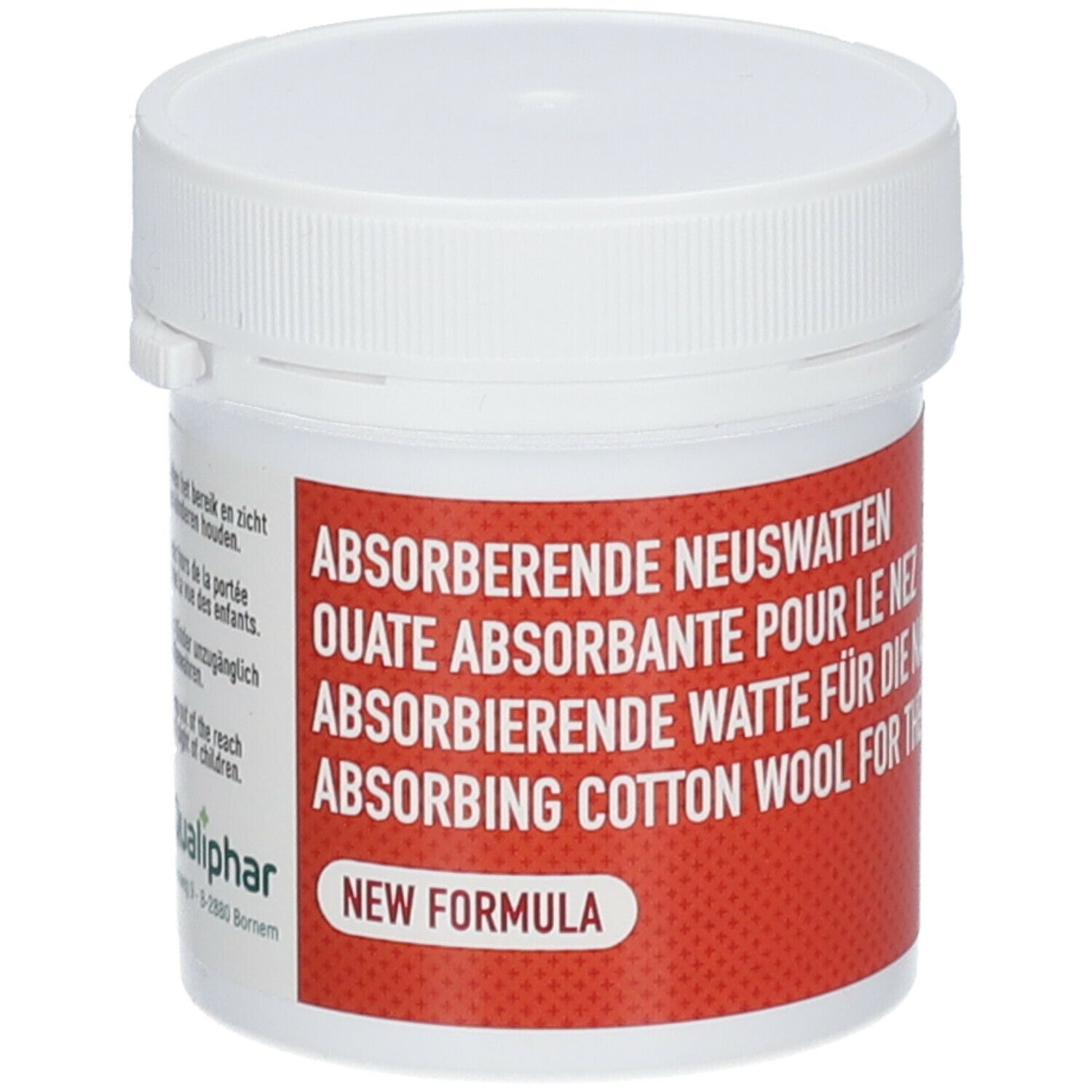 Witte pot met rood etiket. Tekst: Absorberende Neuswatten, Quate Absorbante pour le nez, Absorbing Cotton Wool for the Nose. "New Formula".