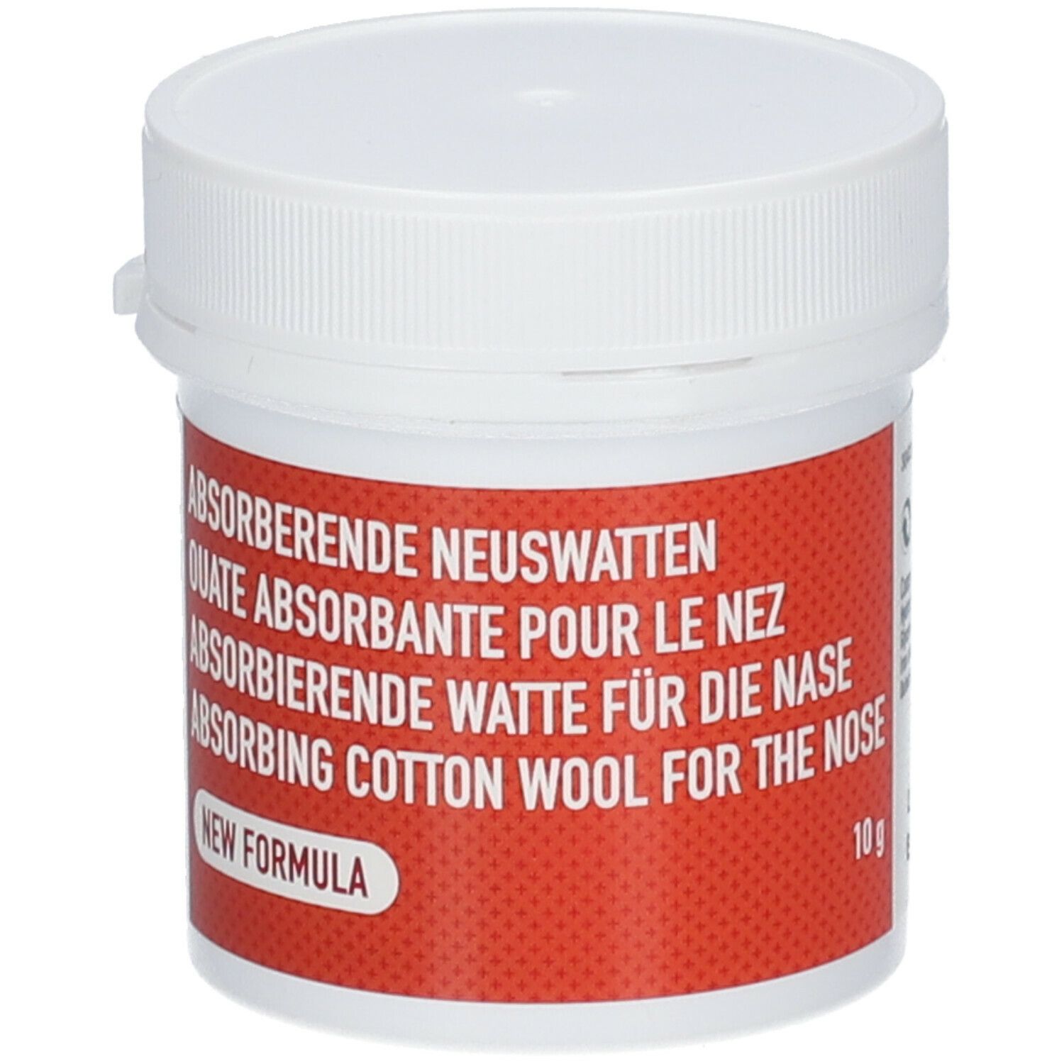 Witte pot met rood etiket. Tekst: Absorberende Neuswatten, Quate Absorbante pour le nez, Absorbing Cotton Wool for the Nose. 10g.