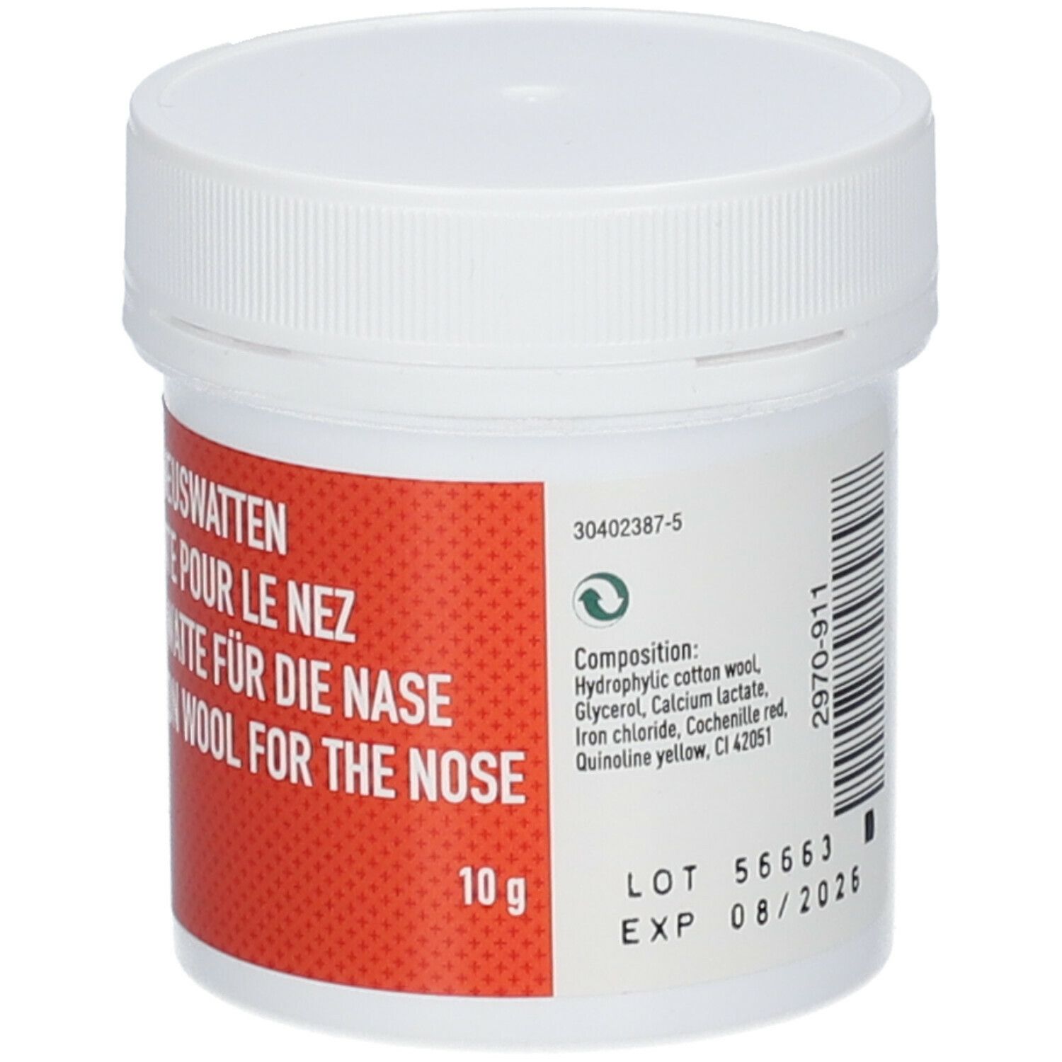 Witte pot met rood etiket. Tekst: Absorberende Neuswatten, Quate Absorbante pour le nez, Absorbing Cotton Wool for the Nose. 10g. Tekst: LOT 56663, EXP 08/2026.