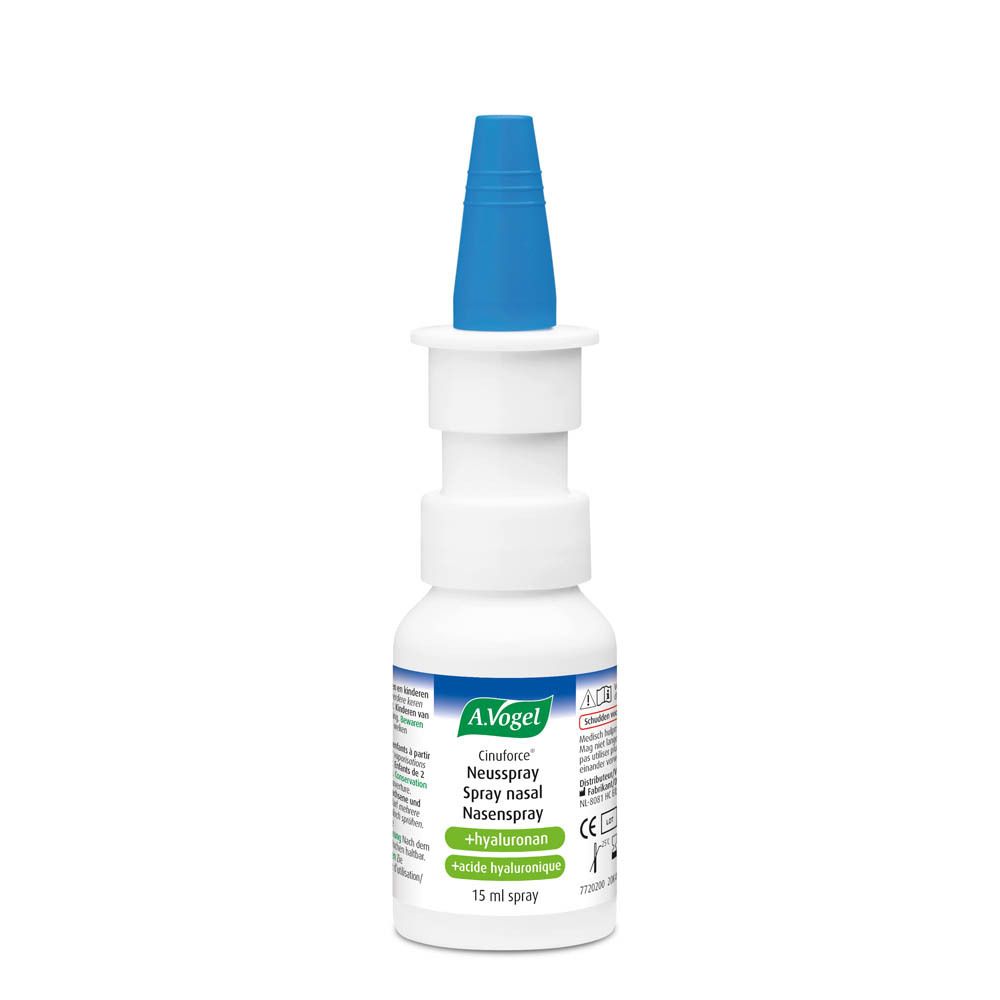 Flacon et boîte de A. Vogel Cinuforce® Spray nasal. Blanc, bleu. Texte : Spray nasal, + acide hyaluronique, 15 ml.