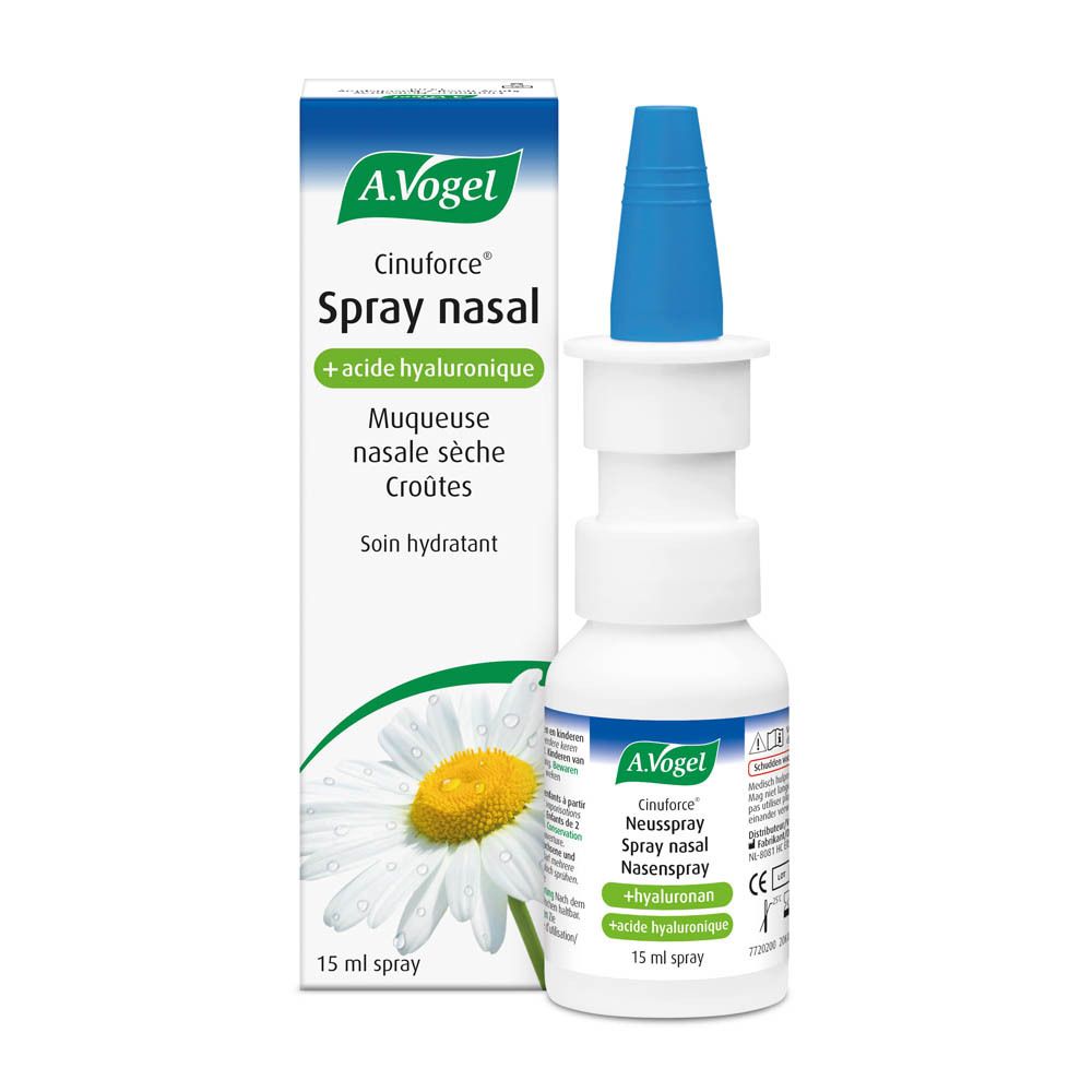 Flacon et boîte de A. Vogel Cinuforce® Spray nasal. Blanc, bleu. Texte : Spray nasal, + acide hyaluronique, 15 ml.