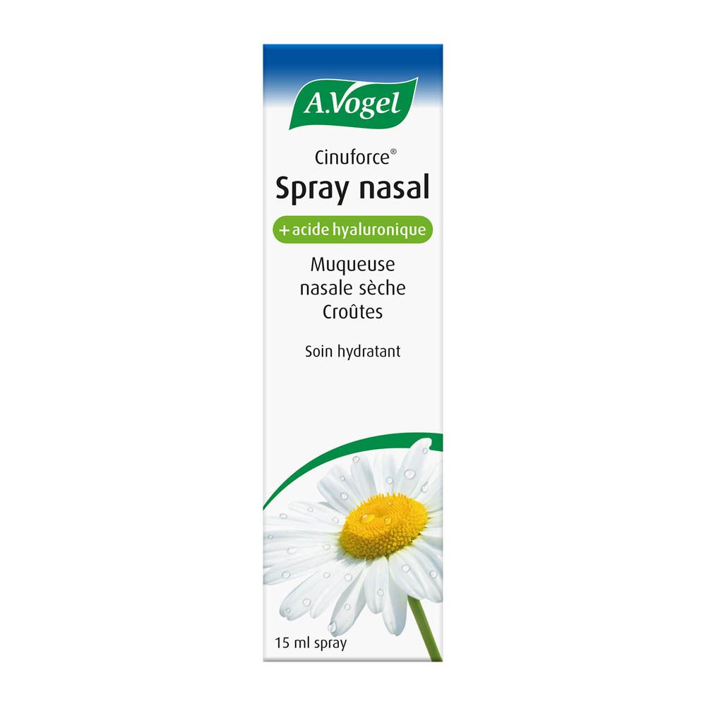 Boîte de A. Vogel Cinuforce® Spray nasal. Blanc, bleu et vert. Texte : Spray nasal, + acide hyaluronique, 15 ml.