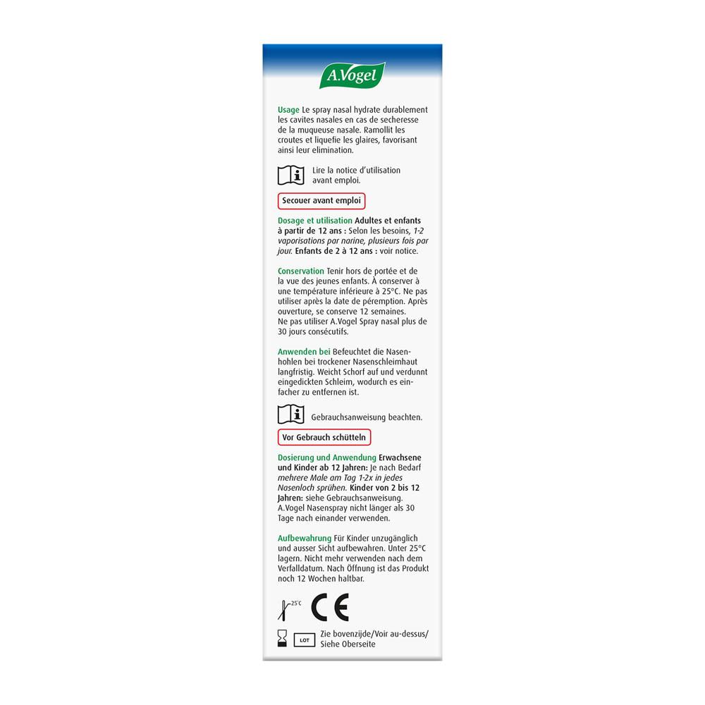 Dos de la boîte de A. Vogel Cinuforce® Spray nasal. Texte en allemand, français, néerlandais. Marque CE.