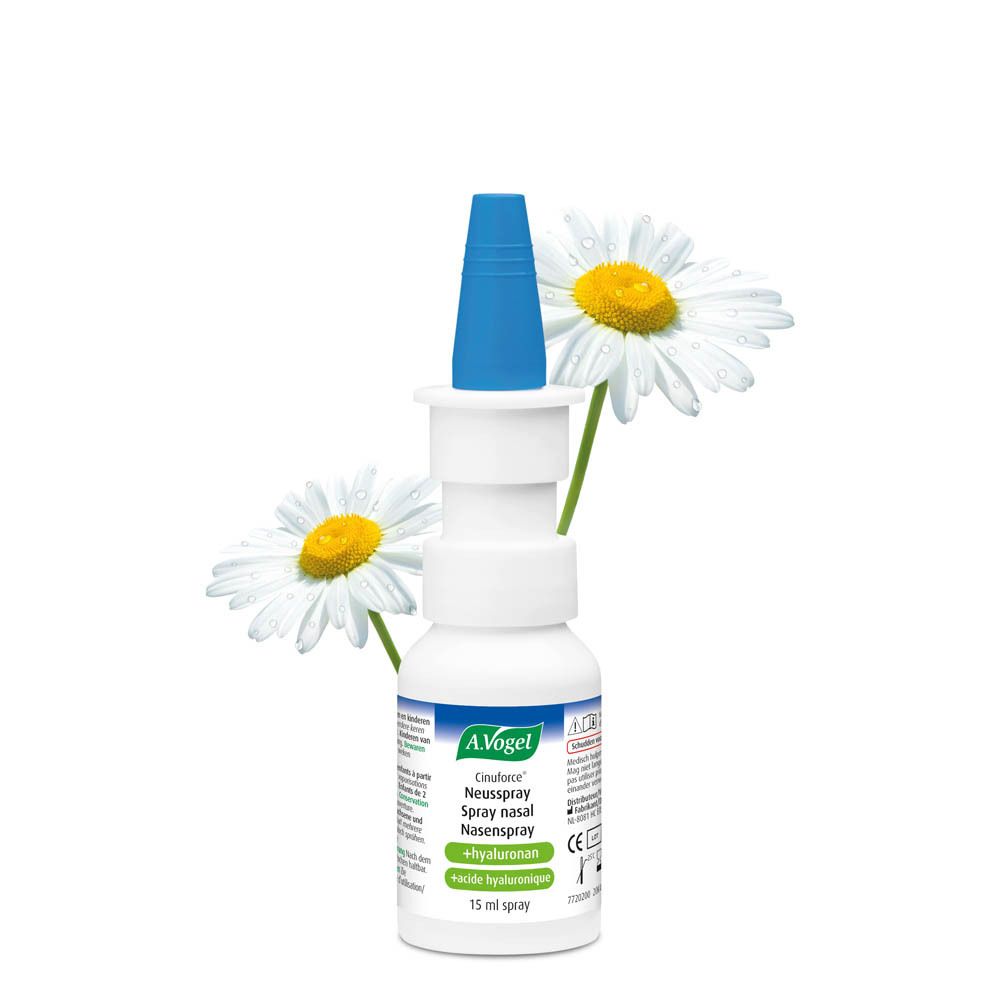 Flacon et boîte de A. Vogel Cinuforce® Spray nasal. Blanc, bleu. Texte : Spray nasal, + acide hyaluronique, 15 ml.