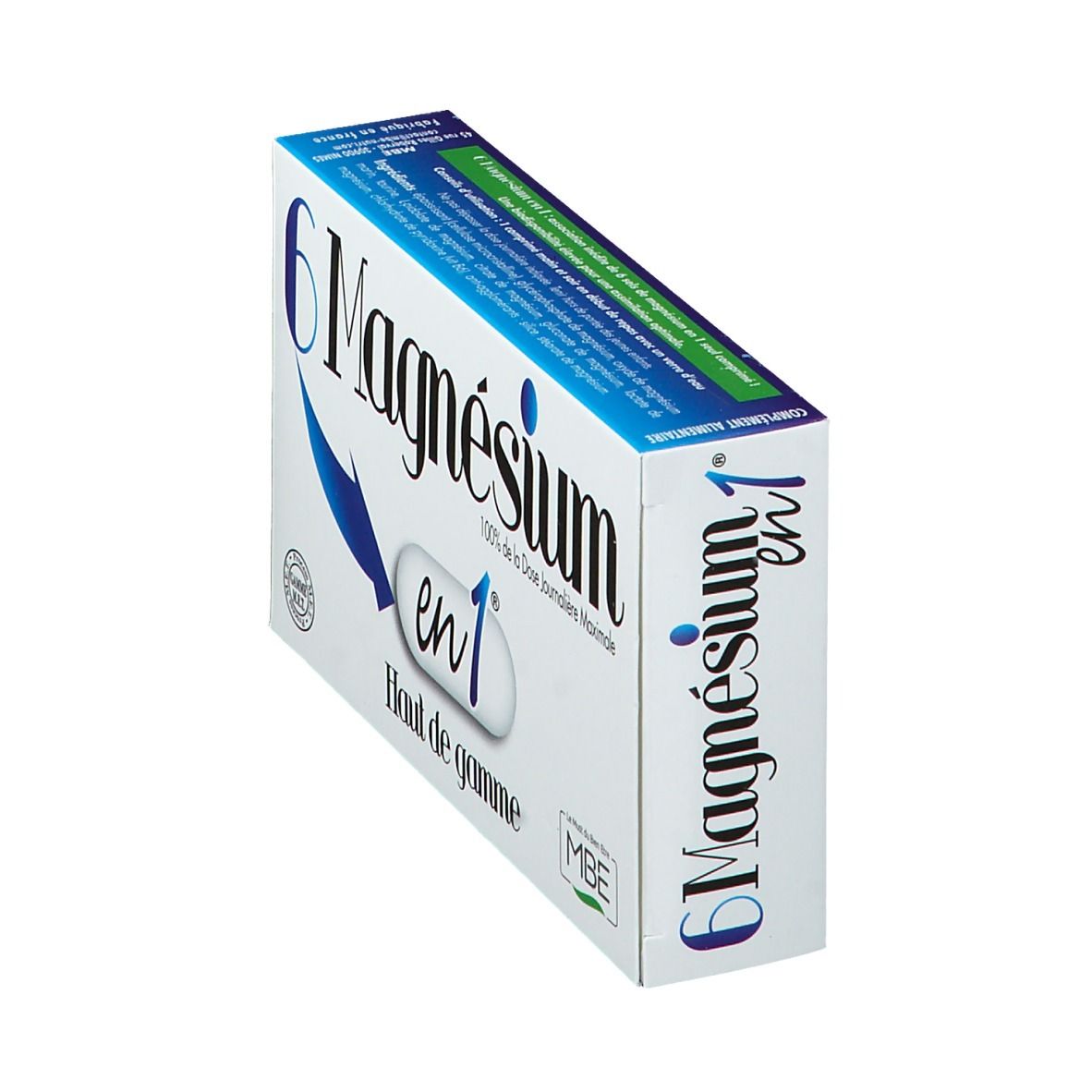Schachtel "6 Magnesium en 1" in Schrägansicht. Weiß mit blauen Akzenten. Text "Haut de gamme".