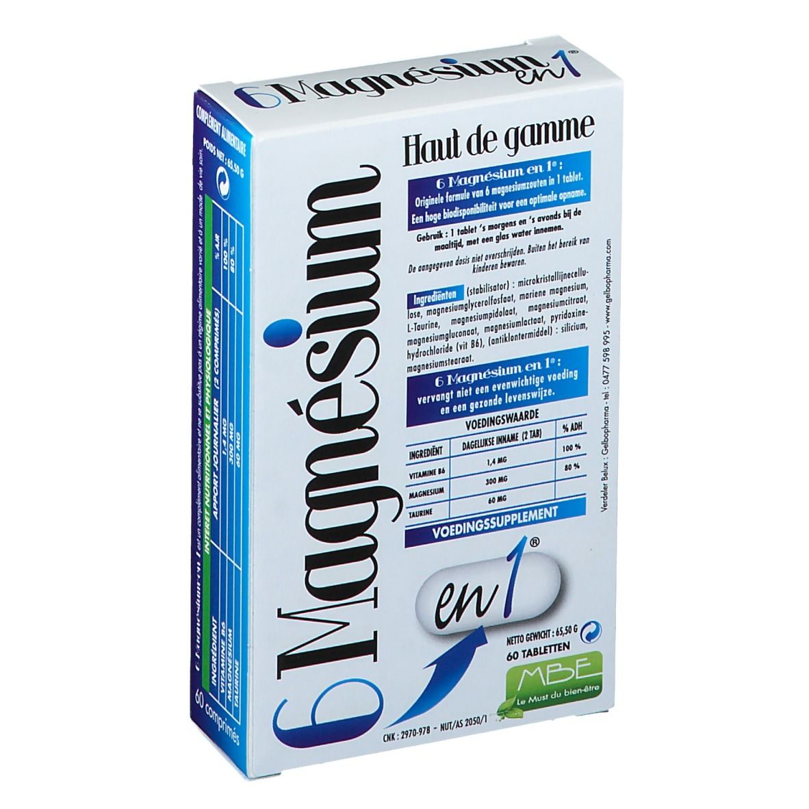 Weiße Schachtel "6 Magnesium en 1". Blaue Akzente. Text in Französisch und Niederländisch. 60 Tabletten.