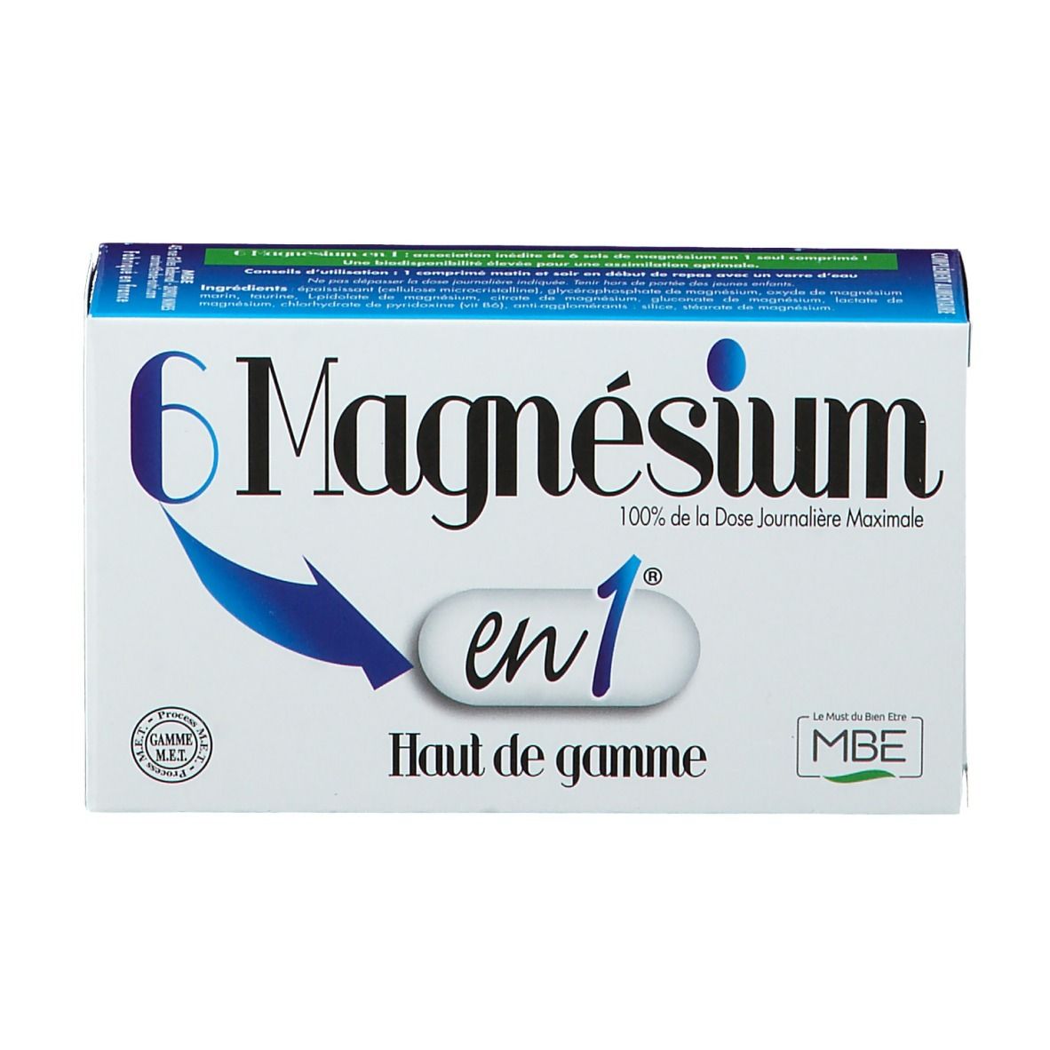 Weiße Schachtel "6 Magnesium en 1". Blaue Akzente. Aufschrift "100% de la Dose Journalière Maximale".