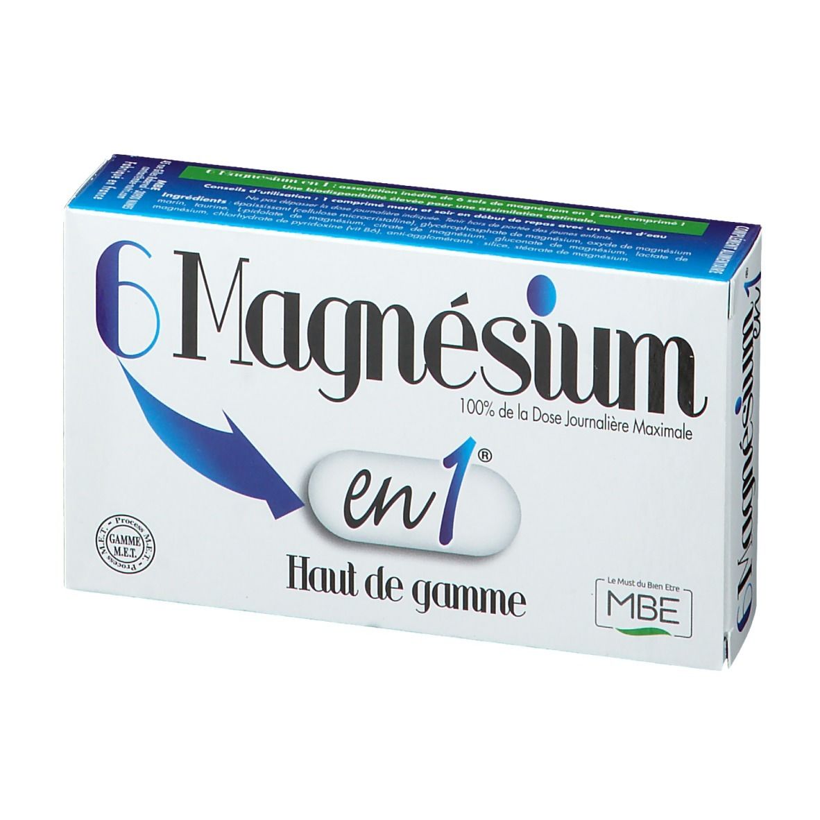 Weiße Schachtel "6 Magnesium en 1". Blaue Akzente. Aufschrift "100% de la Dose Journalière Maximale".