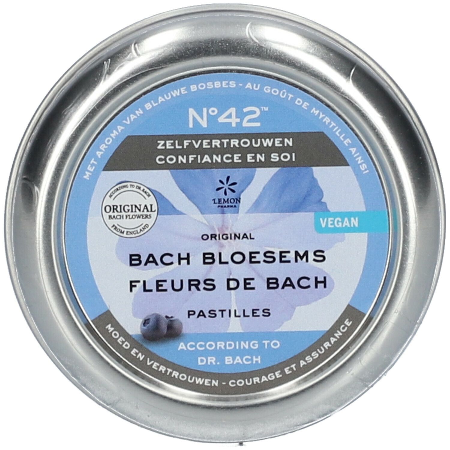 Boîte ronde, texte 'N°42'. Graphique de fleur bleue. Texte: 'Original Fleurs de Bach Pastilles'. Vegan.