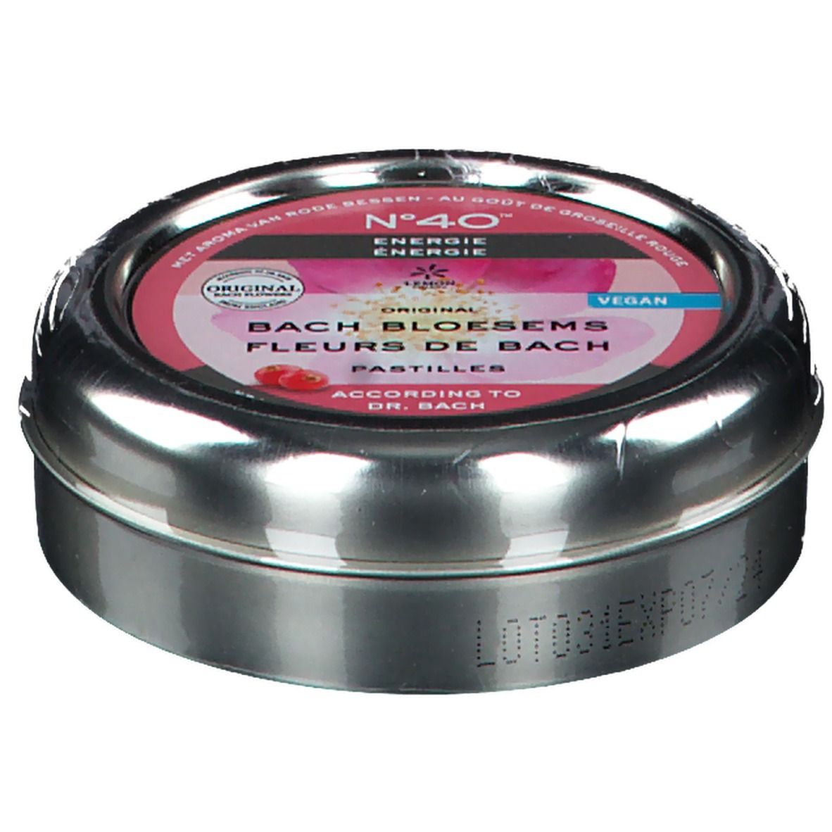 Runde Metalldose, leicht schräg von oben. Aufschrift: N°40, Energie, Fleurs de Bach, Original, Vegan. Sichtbare Lotnummer.