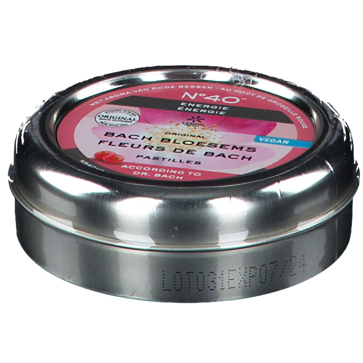 Runde Metalldose, leicht schräg von oben. Aufschrift: N°40, Energie, Fleurs de Bach, Original, Vegan. Sichtbare Lotnummer.