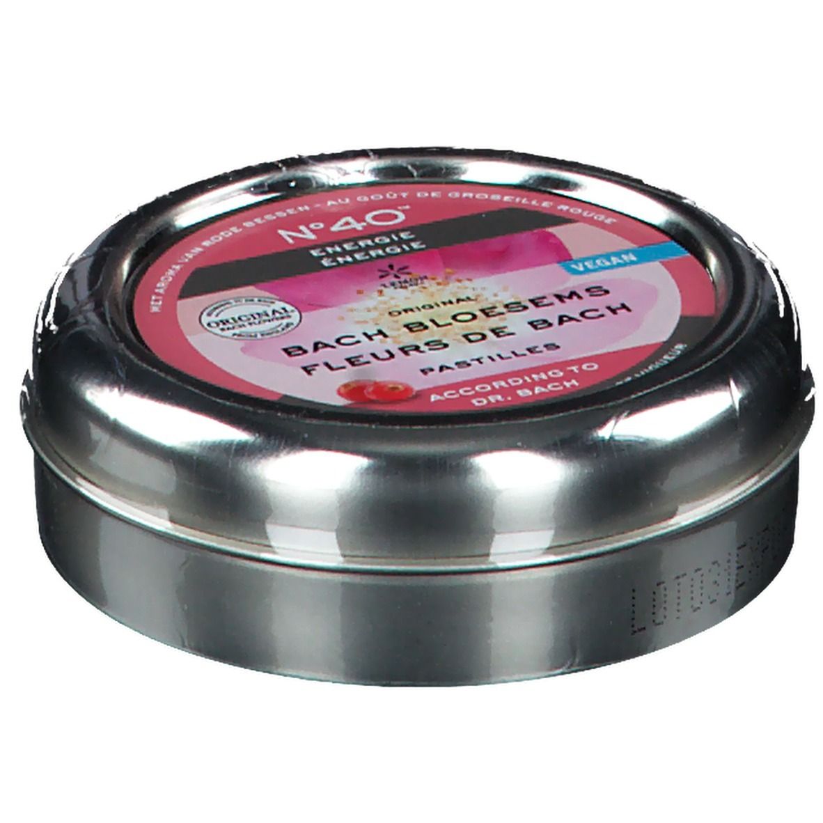 Runde Metalldose, leicht schräg von oben. Aufschrift: N°40, Energie, Fleurs de Bach, Original, Vegan. Sichtbare Lotnummer.