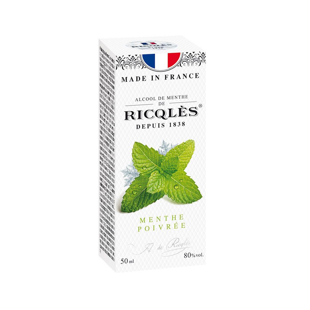 Boîte de RICQLES Alcool de Menthe. Inscription: Made in France, Menthe, 80% vol.