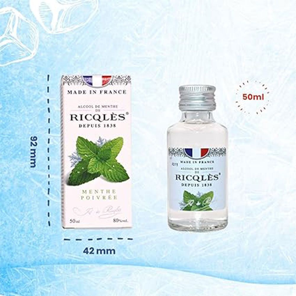 Flacon et boîte RICQLES Alcool de Menthe. Dimensions: 92mm haut, 42mm large. Flacon 50ml.
