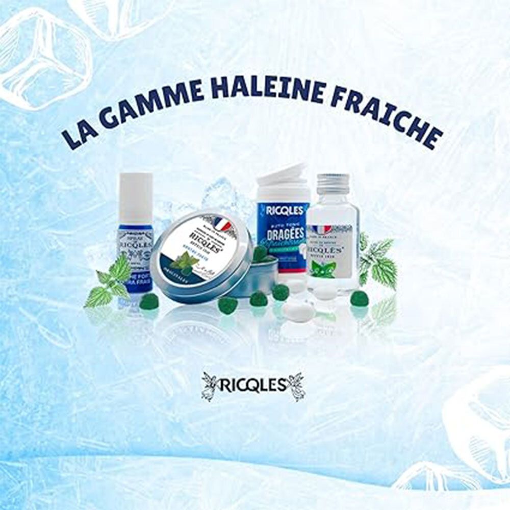 Gamme de produits RICQLES: flacons, dragées et bonbons. Pour une haleine fraîche.