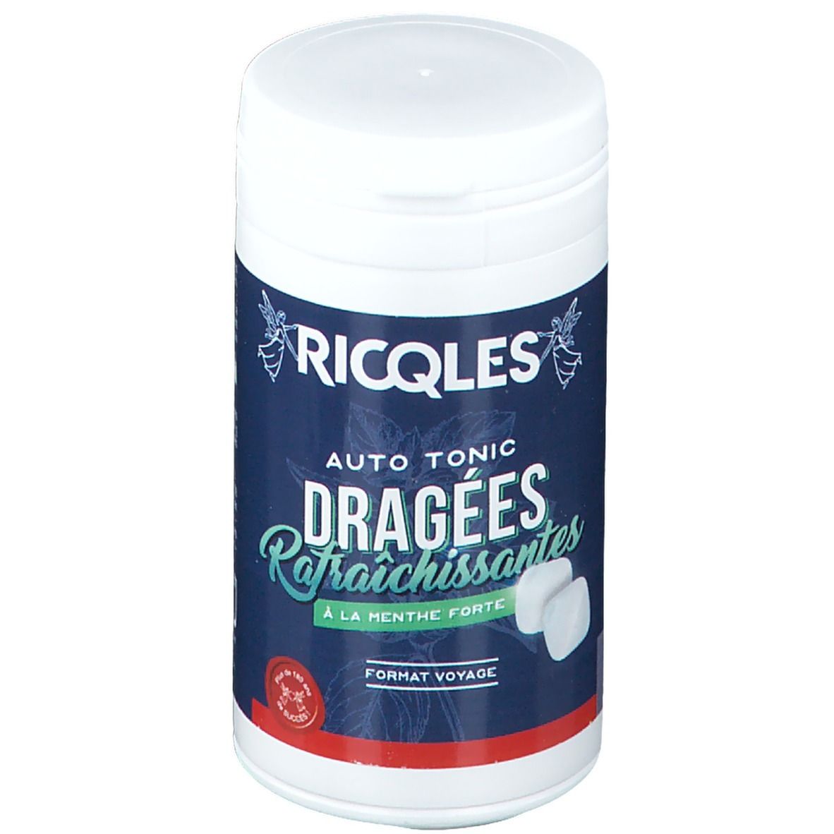 Cilindrische witte doos. Opschrift: Ricqles Auto Tonic Dragées Rafraîchissantes. Twee witte tabletten zichtbaar.