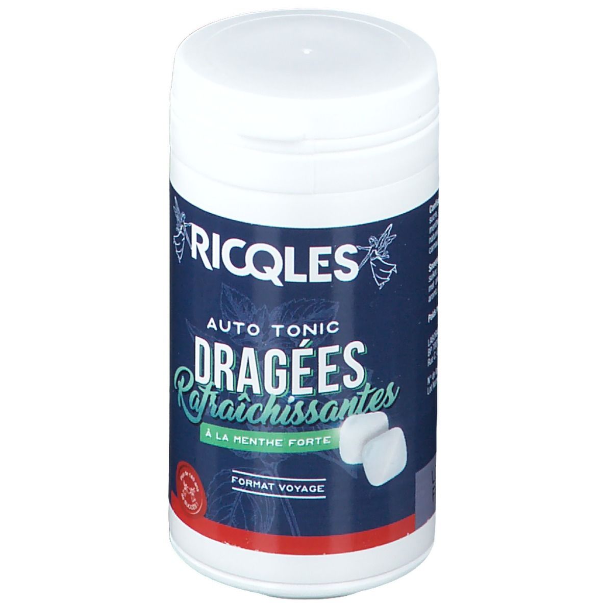 Cilindrische witte doos. Opschrift: Ricqles Auto Tonic Dragées Rafraîchissantes. Twee witte tabletten zichtbaar.