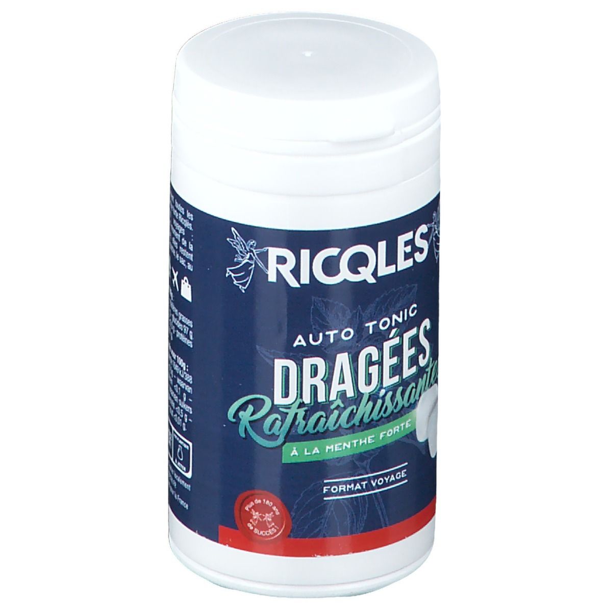 Cilindrische witte doos. Opschrift: Ricqles Auto Tonic Dragées Rafraîchissantes. Twee witte tabletten zichtbaar.