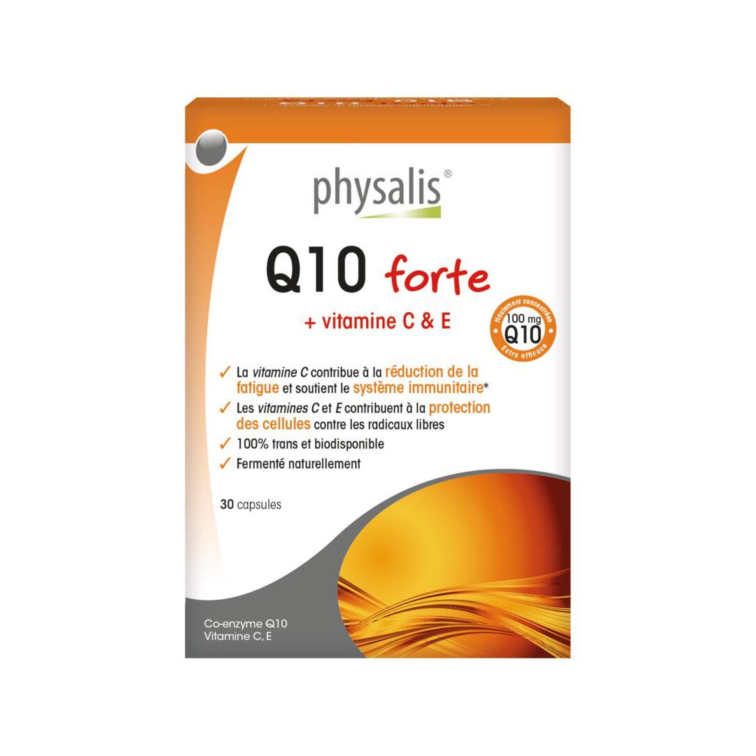 Boîte Physalis Q10 forte + vitamine C & E. Contient 30 gélules. Fond orange.