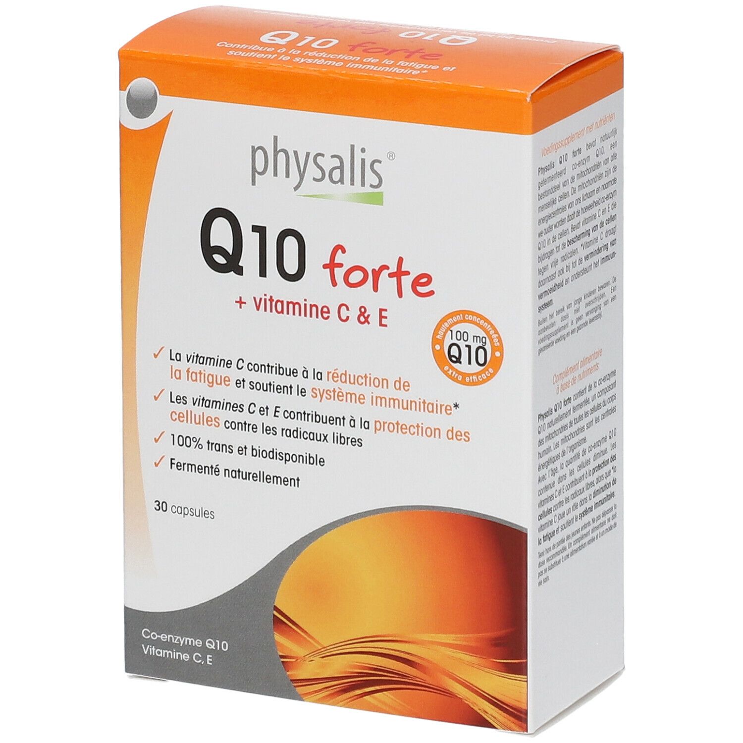 Boîte Physalis Q10 forte + vitamine C & E. Contient 30 gélules. Fond orange.