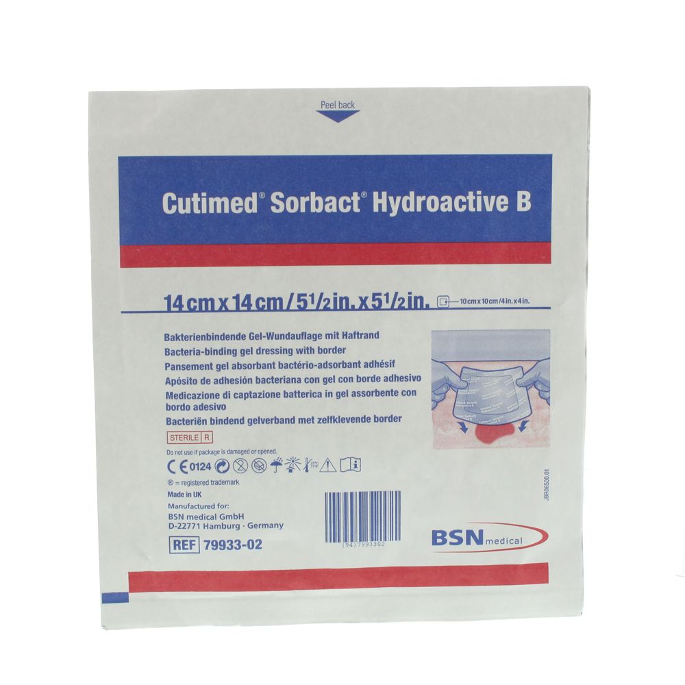 Pansement absorbant bactérien, 14x14cm. Marque 'Cutimed Sorbact Hydroactive B'. Emballage blanc avec détails bleus et rouges. Stérile.
