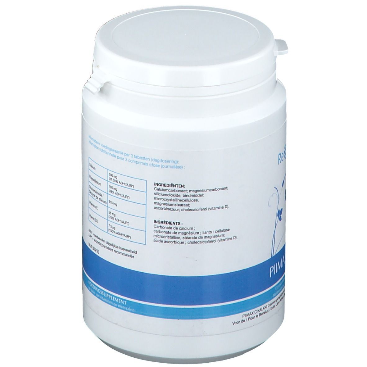 Boîte blanche avec texte. Inscription : Complément alimentaire. Contient calcium, magnésium, vitamine D. Liste des ingrédients.