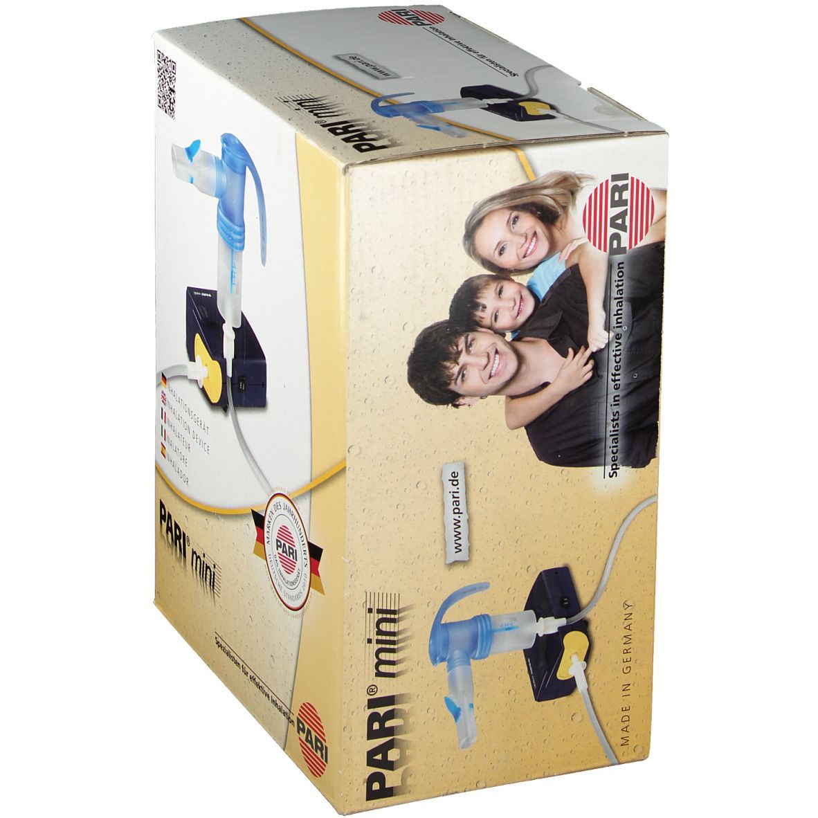 Emballage de l'appareil d'inhalation PARI mini. Impression avec image du produit, logo et photo de famille. Texte en allemand, anglais, français et espagnol.