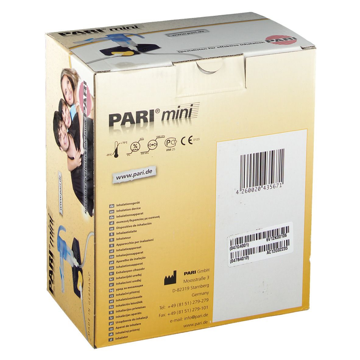 Dos de l'emballage de l'appareil d'inhalation PARI mini. Code-barres, spécifications techniques, logos et coordonnées. Texte en allemand.
