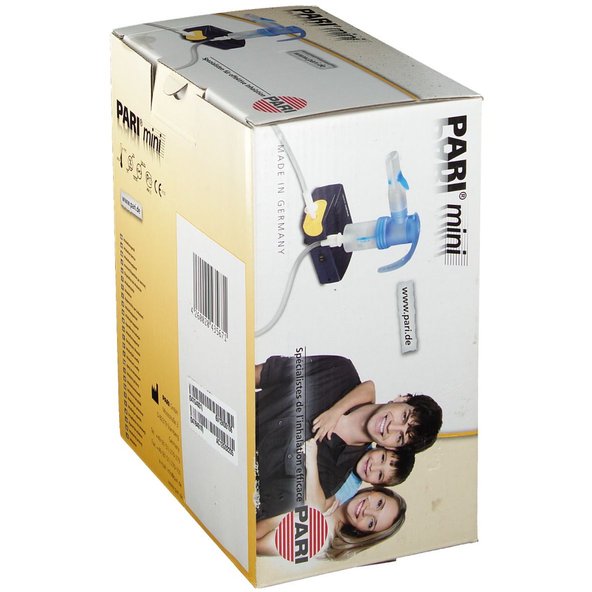 Emballage de l'appareil d'inhalation PARI mini. Image du produit, logo et photo de famille. Texte en allemand, anglais, français et espagnol. Fabriqué en Allemagne.