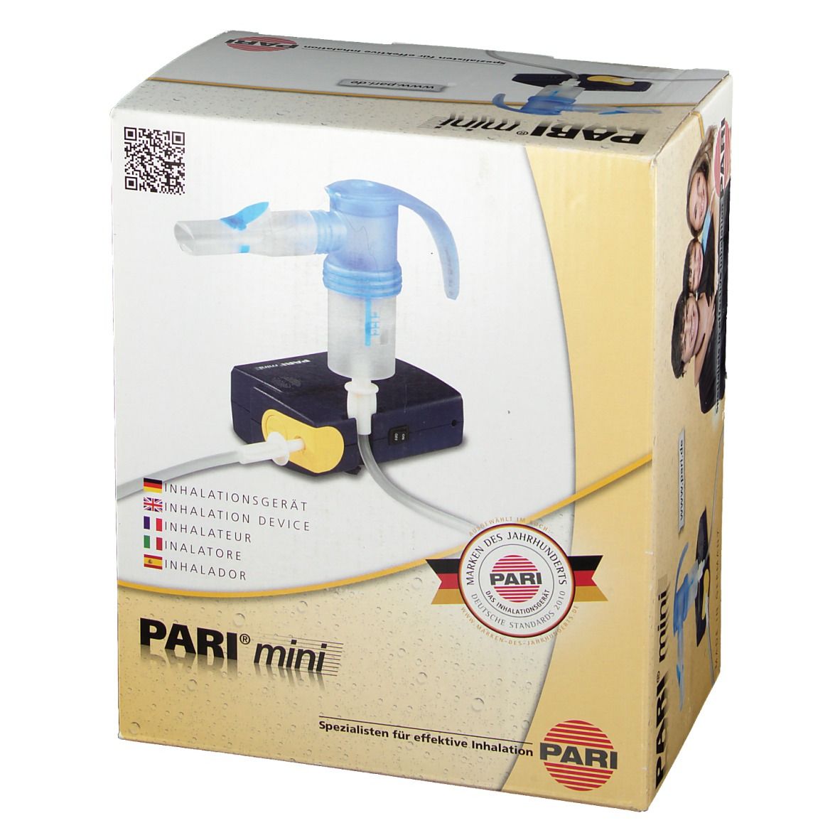 Appareil d'inhalation PARI mini dans son emballage. Appareil avec embout buccal bleu, socle noir et accents jaunes. Emballage avec logo et texte.