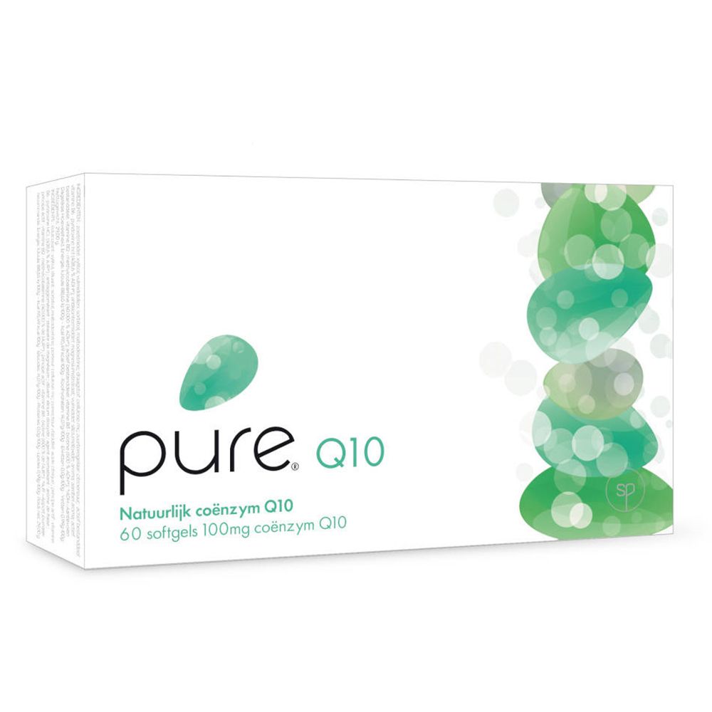 Boîte blanche avec logo "pure. Q10". Texte: Natuurlijk co-enzym Q10, 60 softgels 100mg co-enzym Q10. Graphique vert et blanc.