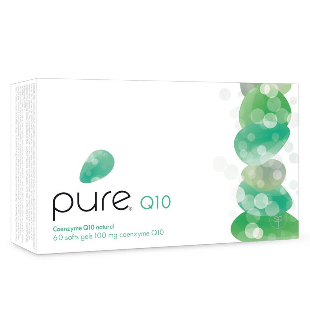 Boîte blanche avec logo "pure. Q10". Texte: Coenzyme Q10 naturel, 60 softs gels 100 mg coenzyme Q10. Graphique vert et blanc.