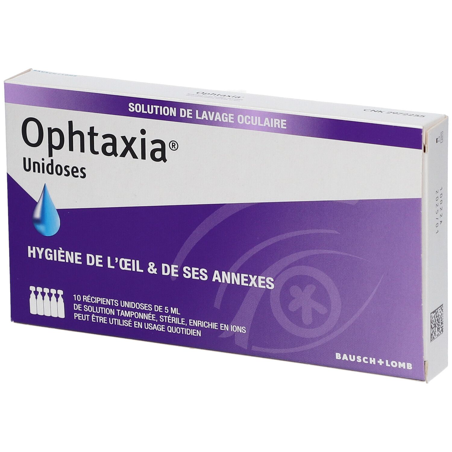 Doos Ophtaxia Unidoses. Paarse en witte verpakking. Bevat 10 unidoses. Bausch+Lomb logo.