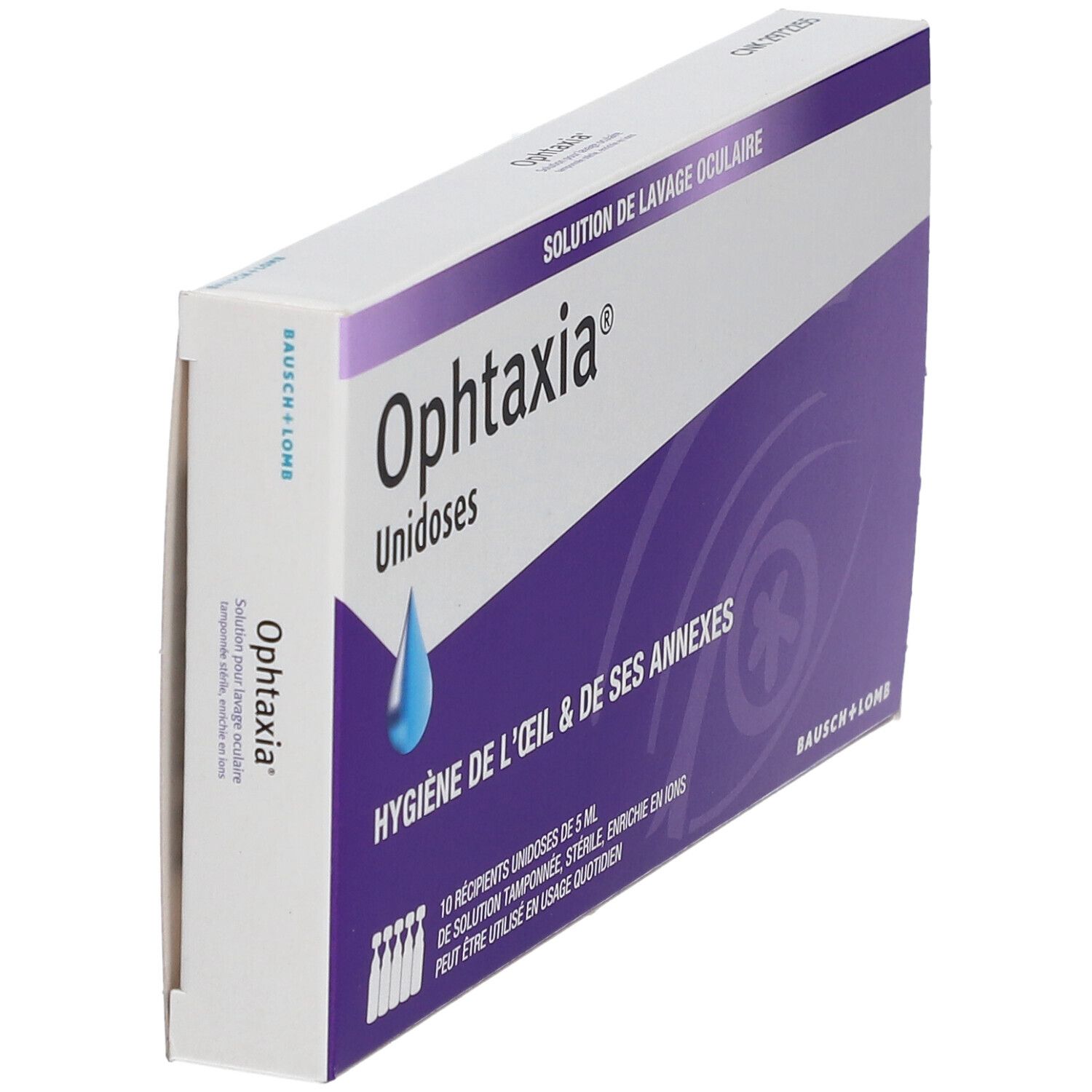 Doos Ophtaxia Unidoses. Paarse en witte verpakking. Bevat 10 unidoses. Bausch+Lomb logo.