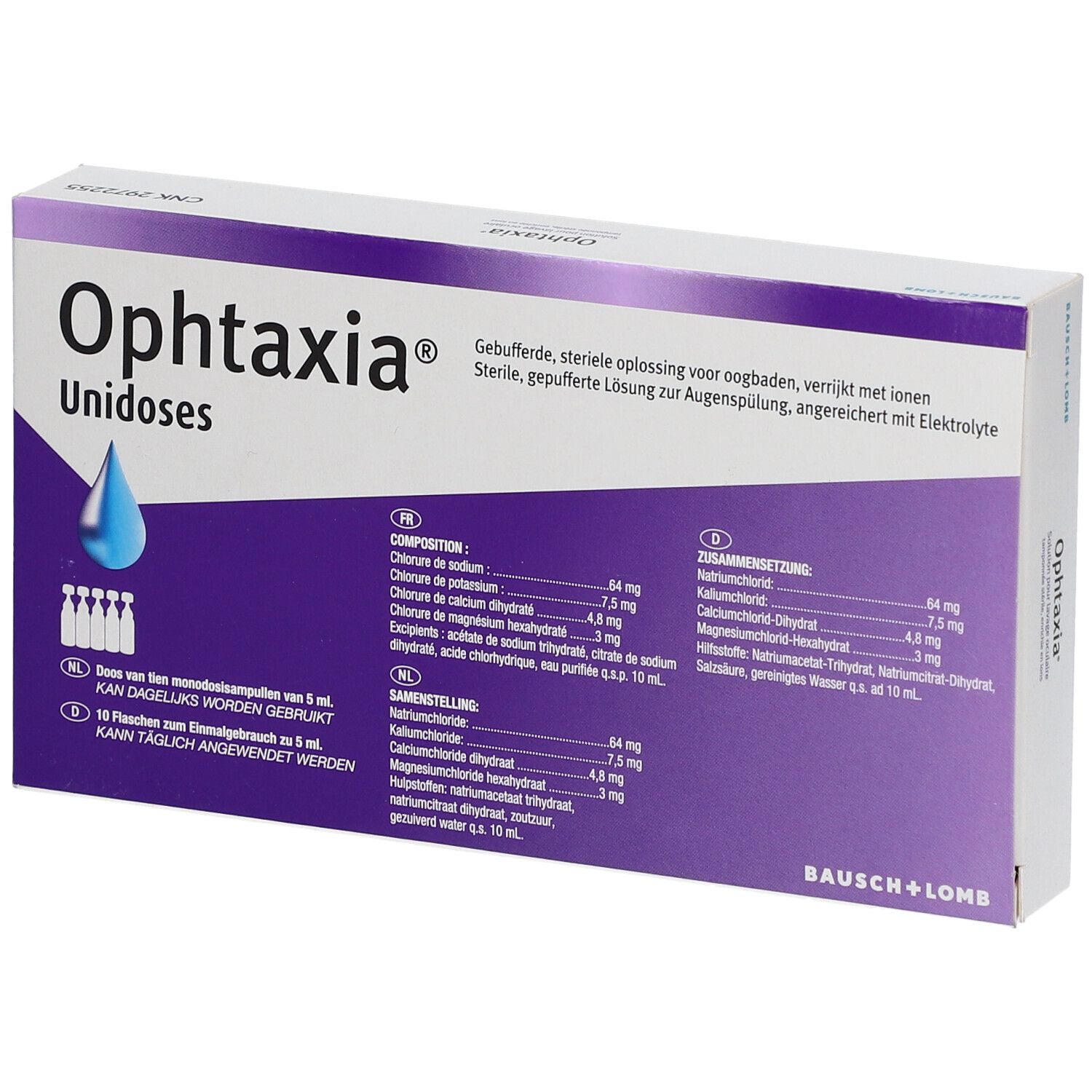Doos Ophtaxia Unidoses. Paarse en witte verpakking. Bevat 10 unidoses. Bausch+Lomb logo.