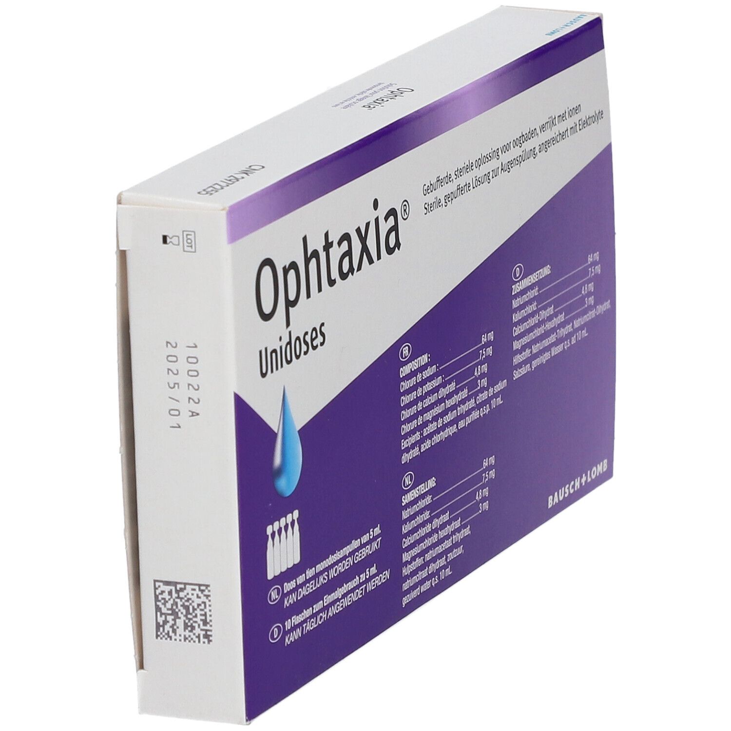 Doos Ophtaxia Unidoses. Paarse en witte verpakking. Bevat 10 unidoses. Bausch+Lomb logo.
