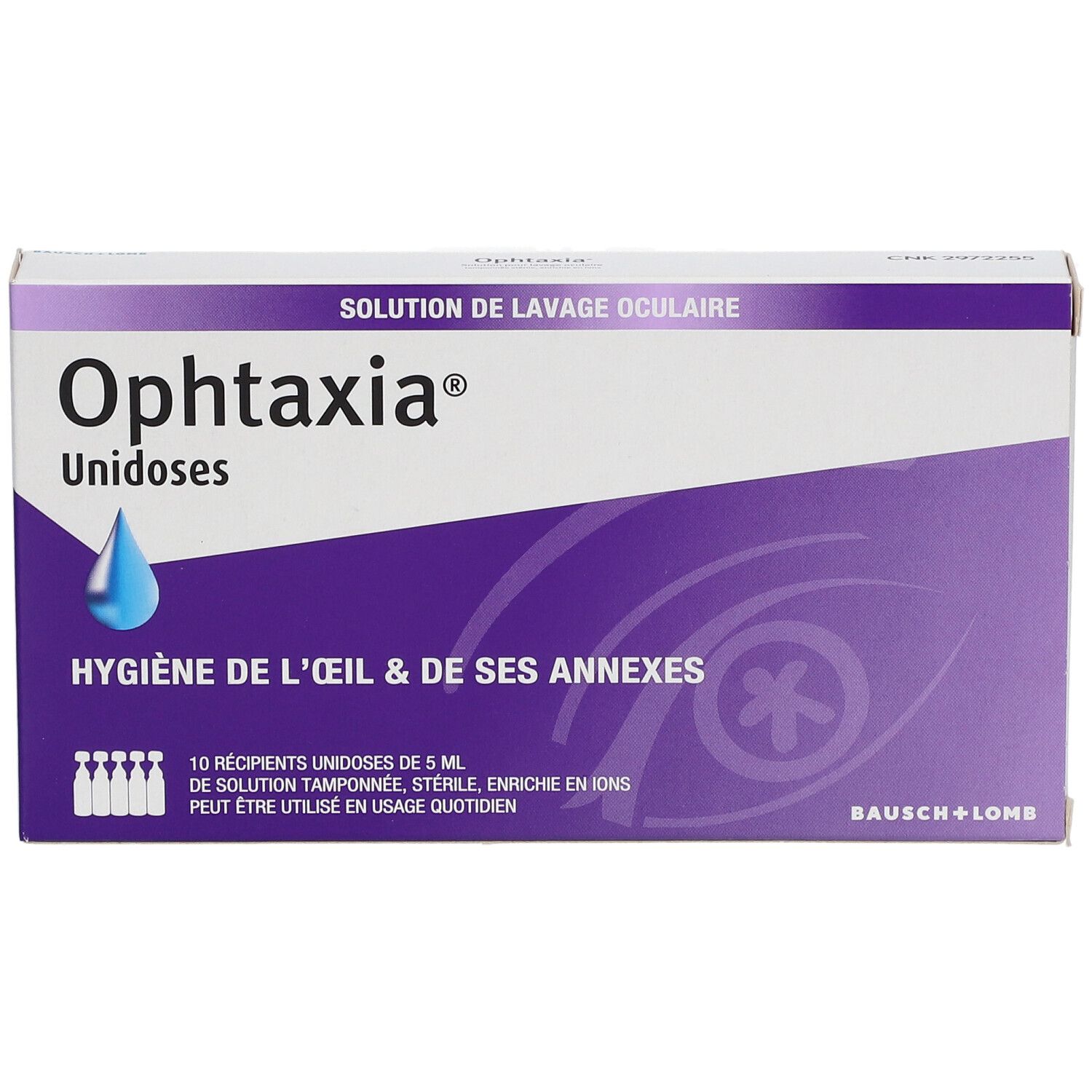 Doos Ophtaxia Unidoses. Paarse en witte verpakking. Bevat 10 unidoses. Bausch+Lomb logo.