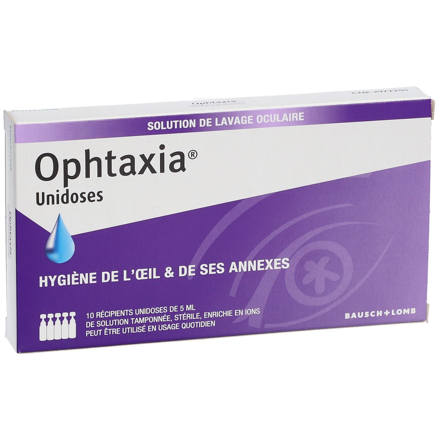 Doos Ophtaxia Unidoses. Paarse en witte verpakking. Bevat 10 unidoses. Bausch+Lomb logo.