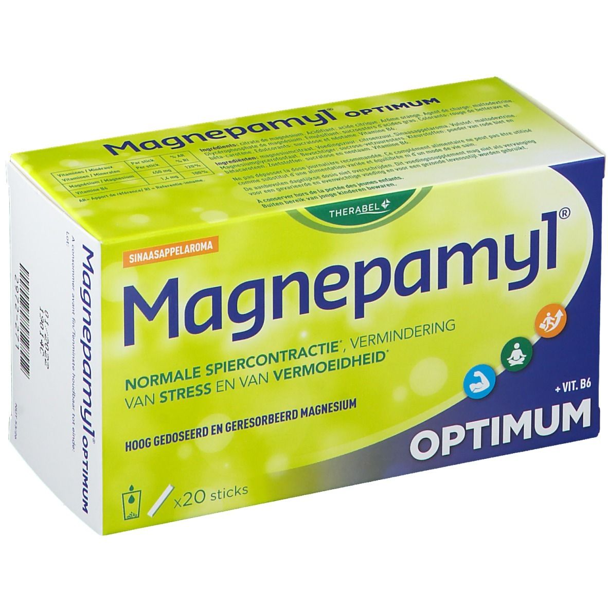 Boîte Magnepamyl® Optimum. Texte: Contraction musculaire, stress, fatigue. 20 sticks. Arôme orange. Emballage vert et jaune.