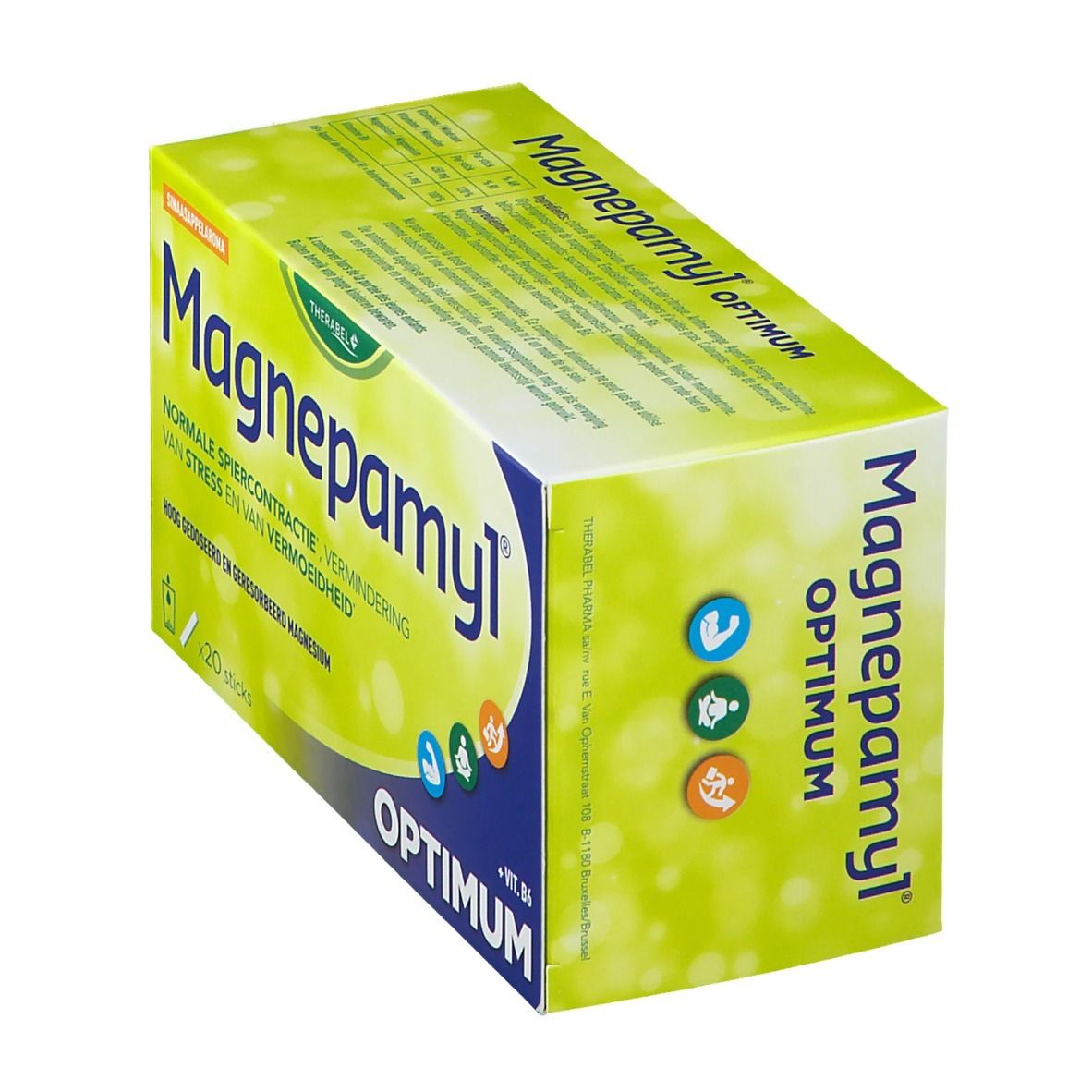 Boîte Magnepamyl® Optimum, en biais. Texte: Contraction musculaire, stress, fatigue. Emballage vert et jaune. Logo.