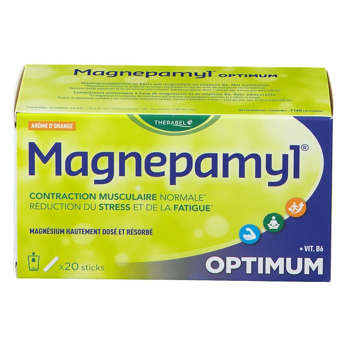 Boîte Magnepamyl® Optimum. Texte: Contraction musculaire, stress, fatigue. 20 sticks. Arôme orange. Emballage vert et jaune.
