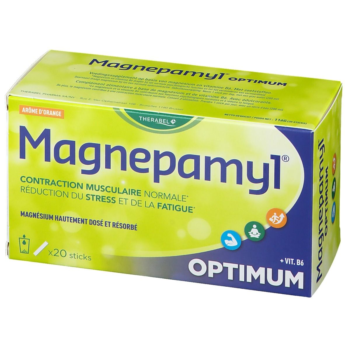 Boîte Magnepamyl® Optimum. Texte: Contraction musculaire, stress, fatigue. 20 sticks. Arôme orange. Emballage vert et jaune.